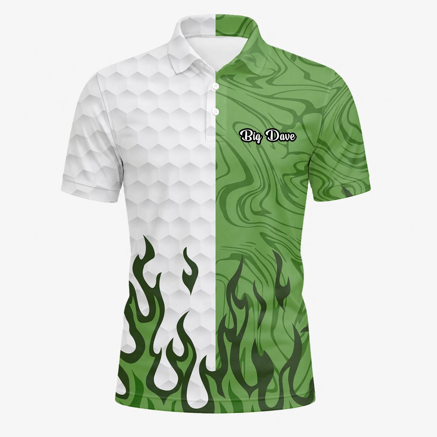 Personalisiertes Golf Poloshirt Weiß Grünes Flammen Marmor Design für Herren D2353