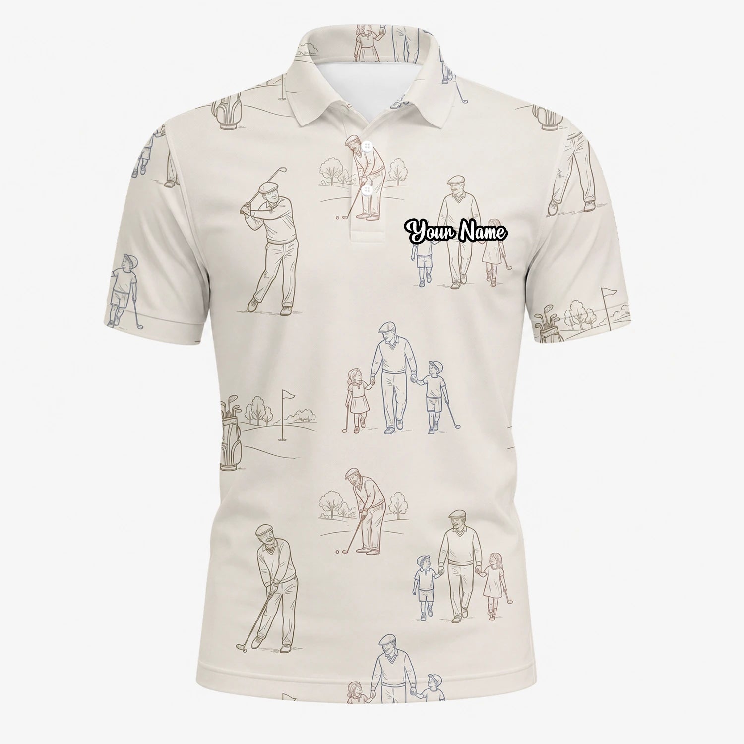 Personalisiertes Golf Poloshirt Beige Vintage Golfspieler Skizzen Design für Herren D6556