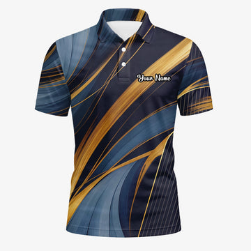 Personalisiertes Golf Poloshirt in Marineblau-Gold mit abstraktem Bänder-Design für Herren V6882