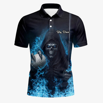 Personalisiertes Golf Poloshirt Schwarz Blaues Totenkopf Golfball Blitz Design für Herren N0793