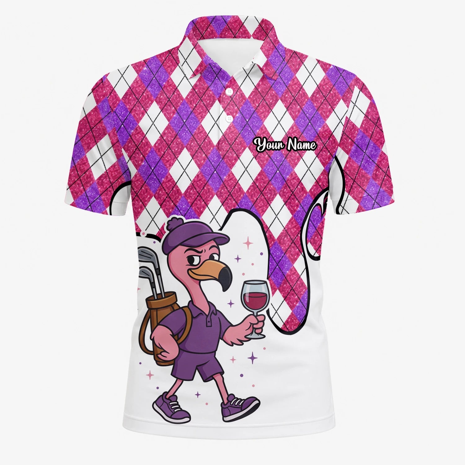 Personalisiertes Golf Poloshirt Pink Lila Rauten Strauß Golfer Cartoon Design für Herren D7000