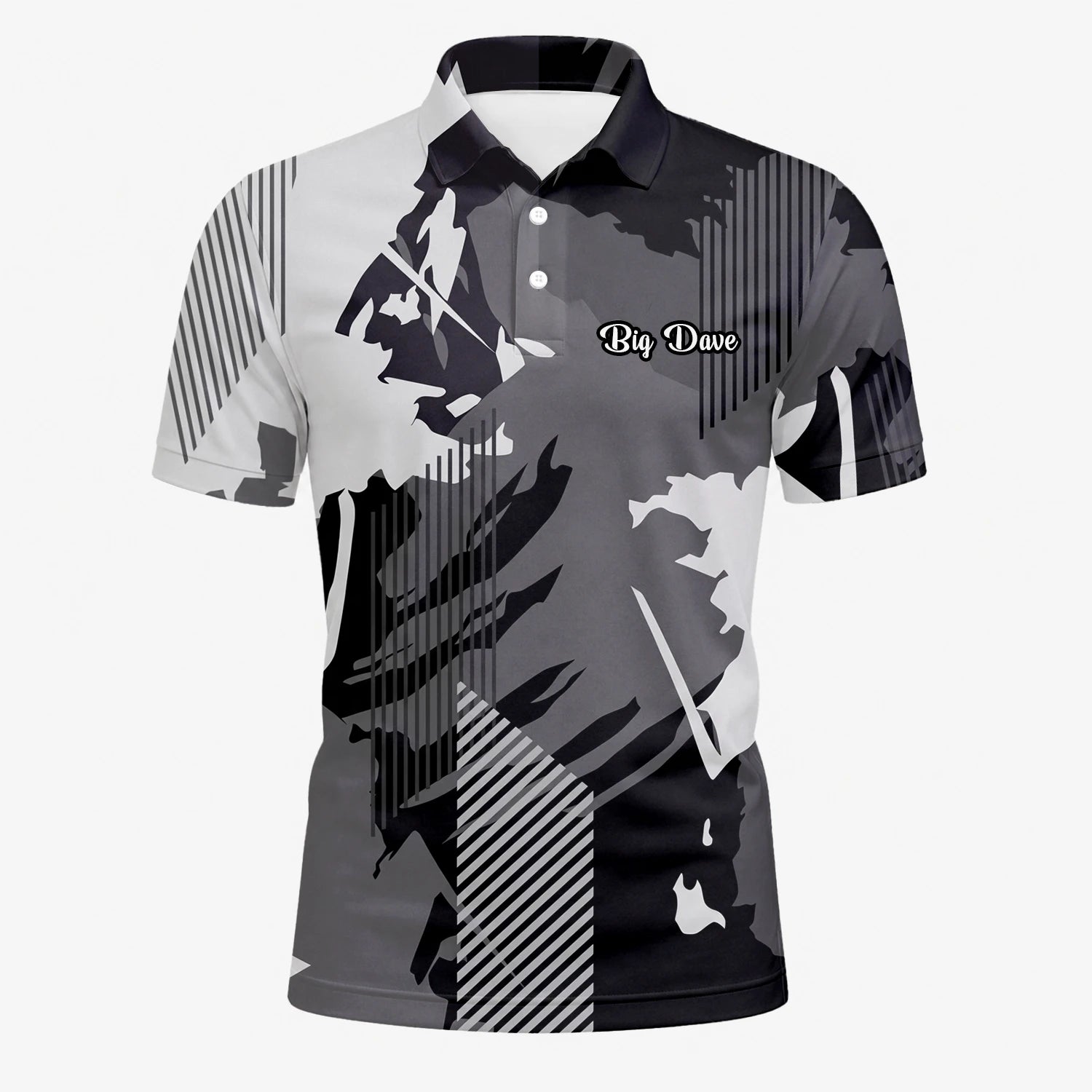 Personalisiertes Golf Poloshirt Grau Schwarzes Abstraktes Pinselstreifen Design für Herren I7293