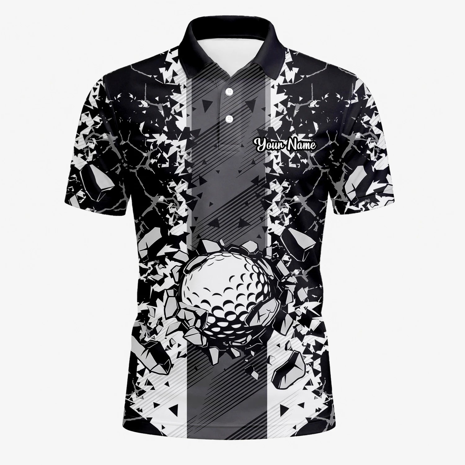 Personalisiertes Golf Poloshirt Schwarz Weißes Golfball Glassplitter Design für Herren F6407