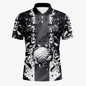Personalisiertes Golf Poloshirt Schwarz Weißes Golfball Glassplitter Design für Herren F6407