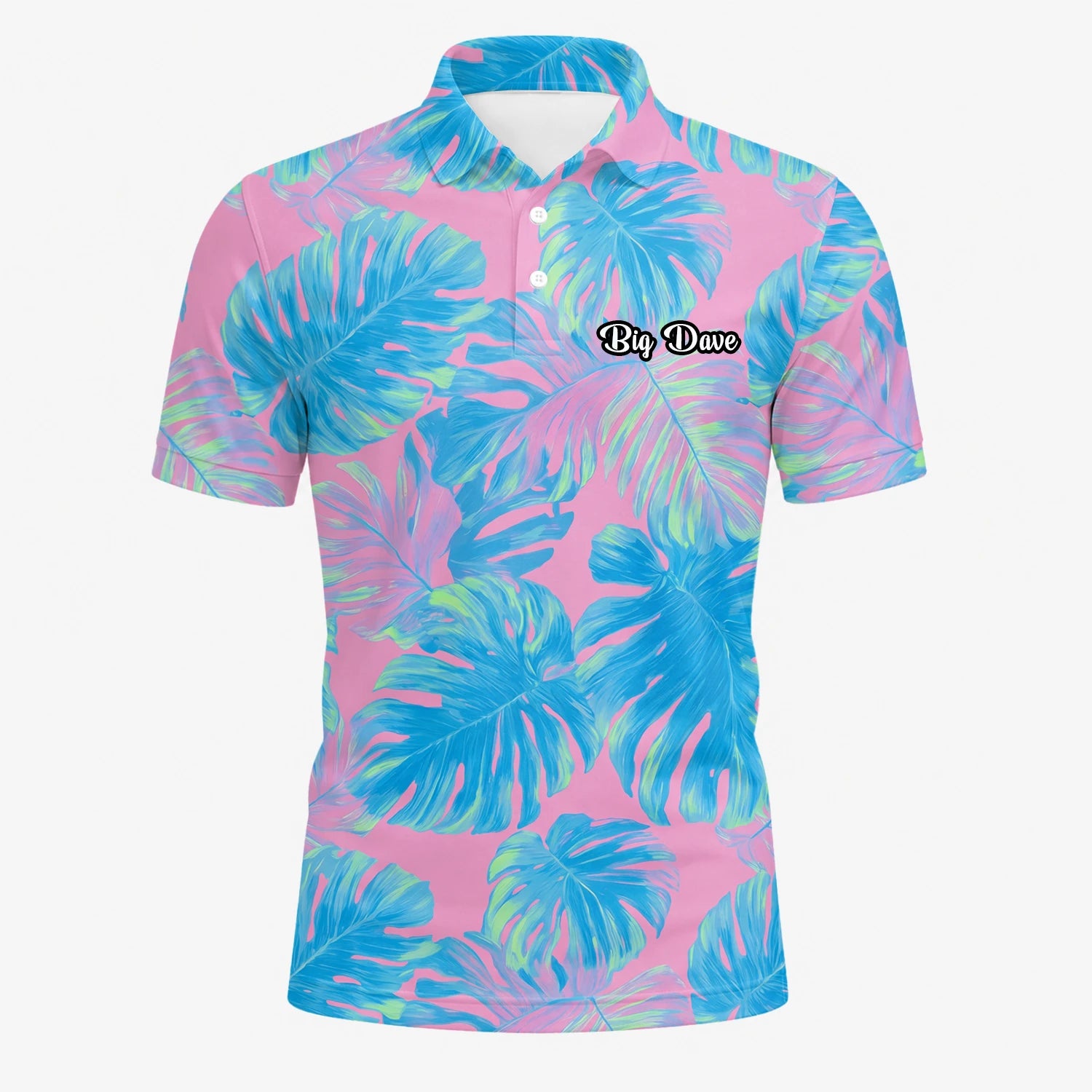Personalisiertes Golf Poloshirt Rosa Türkis Tropisches Monstera Blätter Design für Herren C8385