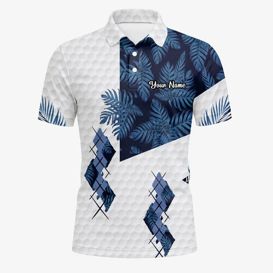 Personalisiertes Golf Poloshirt Weiß Marineblaues Tropisches Blätter Rauten Design für Herren D6549