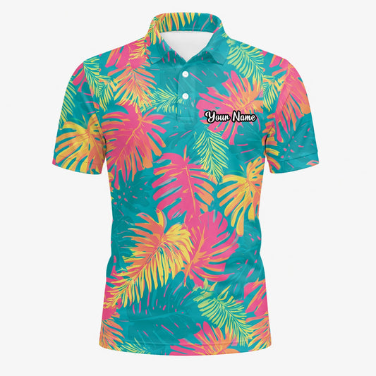 Personalisiertes Golf Poloshirt Türkis Korallenrotes Tropisches Blätter Design für Herren H8937