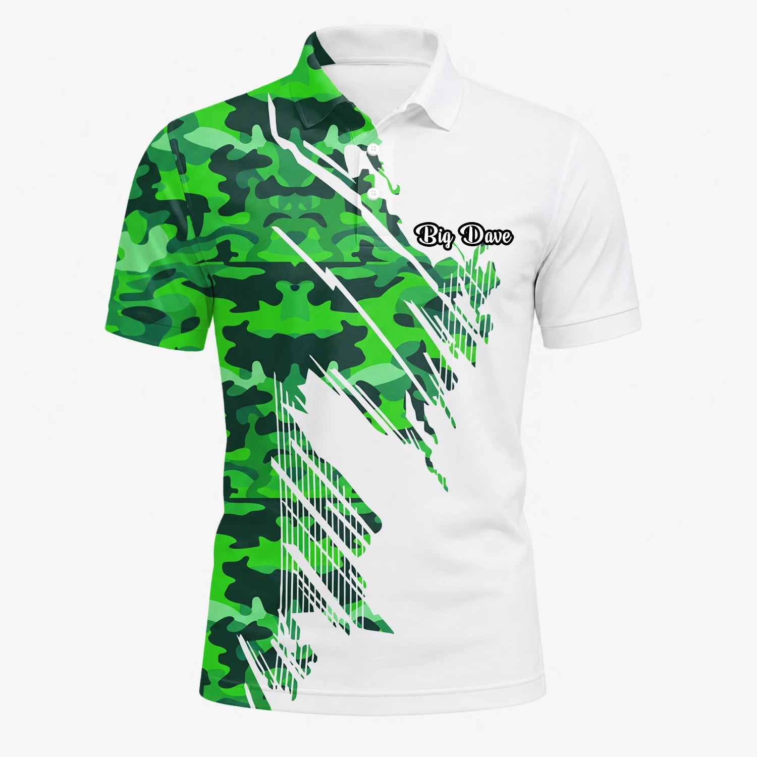 Personalisiertes Golf Poloshirt Weiß Grünes Camo Pinselstreifen Design für Herren E9788