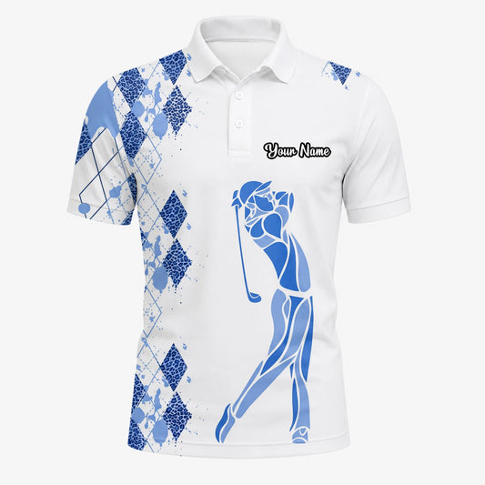 Personalisiertes Golf Poloshirt Weiß Blaues Rauten Golfer Silhouetten Design für Herren V2037