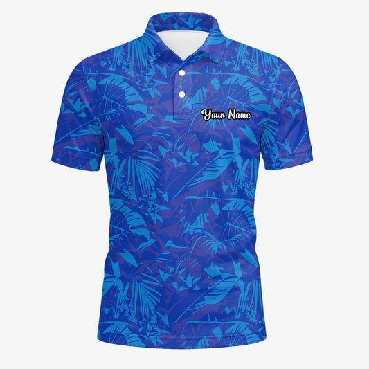 Personalisiertes Golf Poloshirt Blaues Tropisches Blätter Design für Herren Z7717