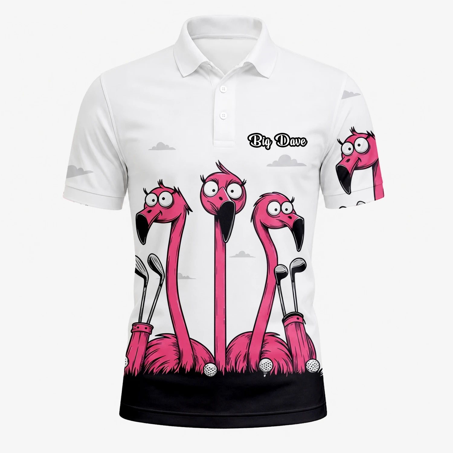 Personalisiertes Golf Poloshirt Weiß Rosa Flamingo Cartoon Design für Herren I6113