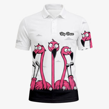 Personalisiertes Golf Poloshirt Weiß Rosa Flamingo Cartoon Design für Herren I6113