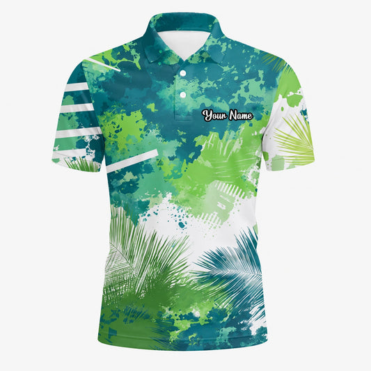 Personalisiertes Golf Poloshirt Grün Blaues Tropisches Blätter Farbklecks Design für Herren B7869