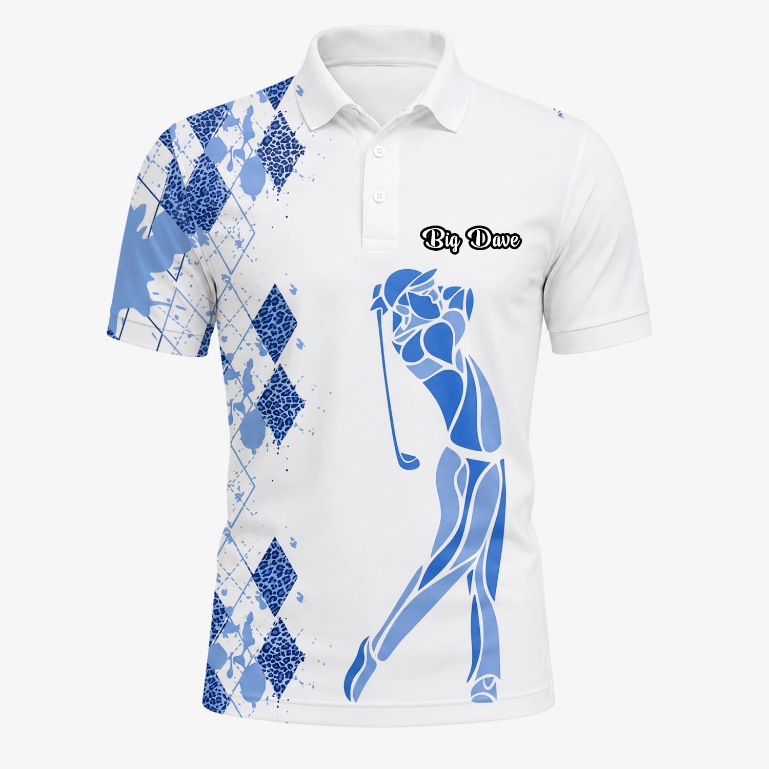 Personalisiertes Golf Poloshirt Weiß Blaues Rauten Golfer Silhouetten Design für Herren V2037