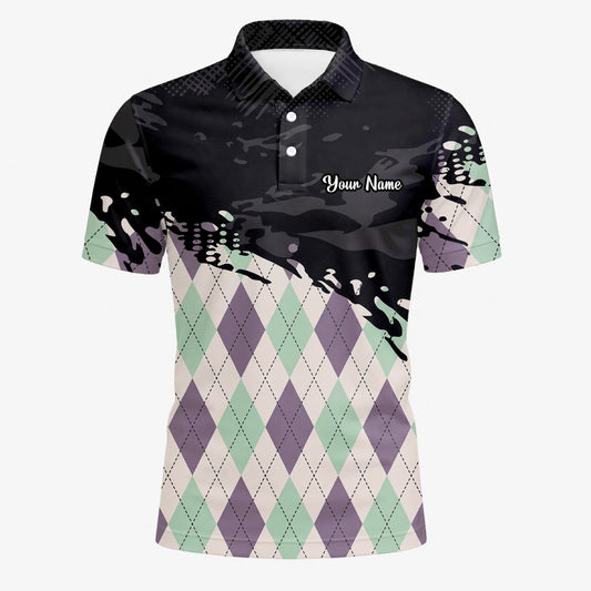 Personalisiertes Golf Poloshirt Schwarz Mint Lila Rauten Farbklecks Design für Herren C5124