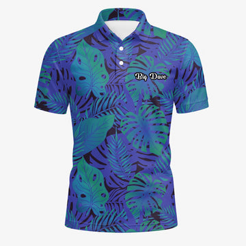 Personalisiertes Golf Poloshirt Blau Lila Tropisches Monstera Blätter Design für Herren G3142