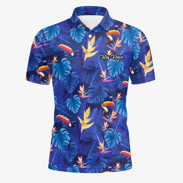 Personalisiertes Golf Poloshirt Marineblaues Tropisches Tukan Blätter Design für Herren S1836