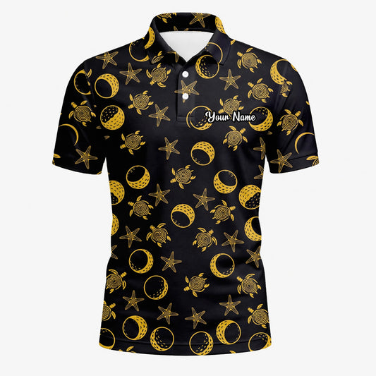 Personalisiertes Golf Poloshirt Schwarz Goldenes Meeresschildkröten Mond Stern Design für Herren V4483