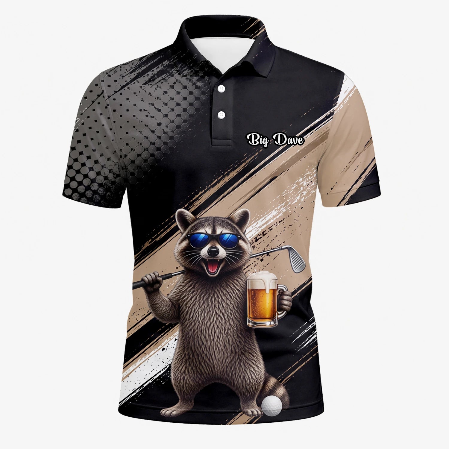 Personalisiertes Golf Poloshirt Schwarz Beiges Waschbär Bier Golfer Cartoon Design für Herren K7921