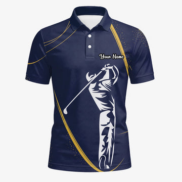 Personalisiertes Golf Poloshirt Marineblau Goldenes Golfer Schwung Silhouetten Design für Herren A1639