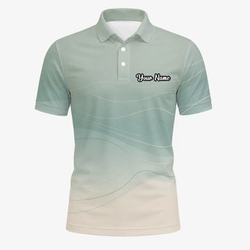 Personalisiertes Golf Poloshirt Salbeigrün Beiges Abstraktes Wellen Design für Herren X8036