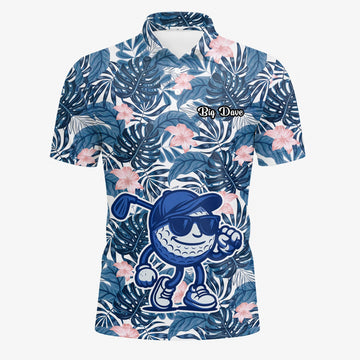 Personalisiertes Golf Poloshirt Marineblaues Tropisches Blätter Golfball Cartoon Design für Herren I7191