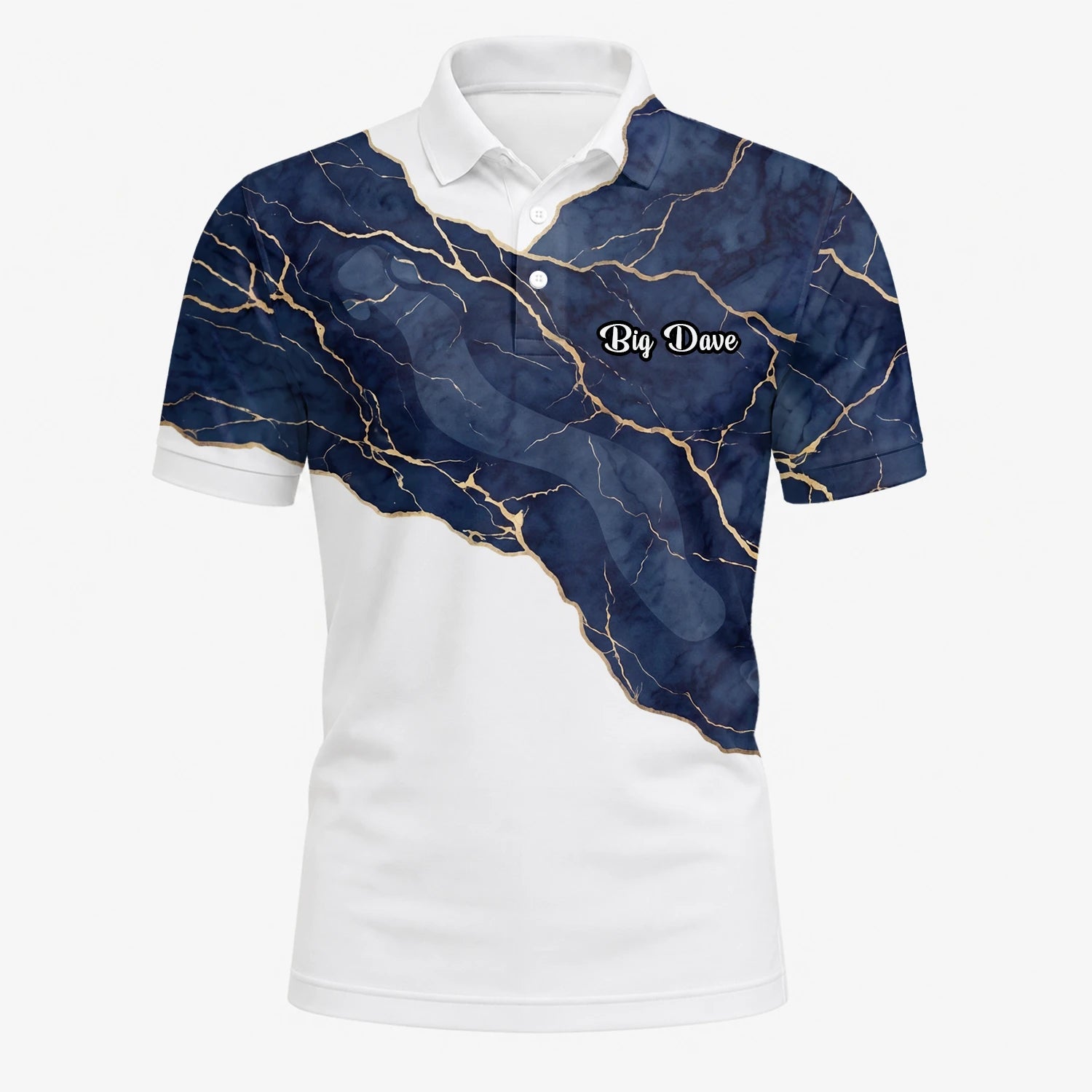 Personalisiertes Golf Poloshirt Weiß Marineblaues Marmor Goldadern Design für Herren B4939