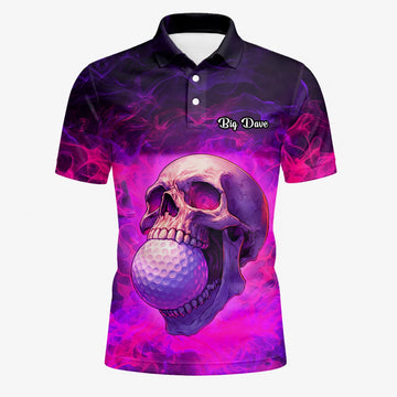 Personalisiertes Golf Poloshirt Lila Rosa Totenkopf Golfball Smoke Design für Herren L7637
