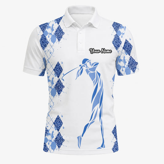 Personalisiertes Golf Poloshirt Weiß Blaues Rauten Golfer Silhouetten Design für Herren M6672