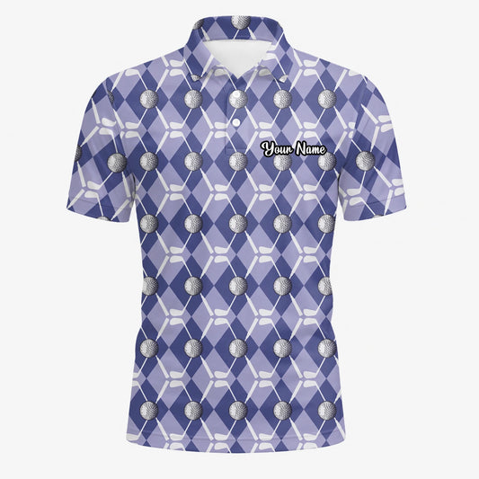 Personalisiertes Golf Poloshirt Blaues Rauten Golfball Golfschläger Design für Herren F3847