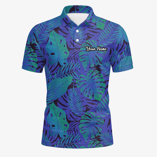 Personalisiertes Golf Poloshirt Blau Lila Tropisches Monstera Blätter Design für Herren G3142