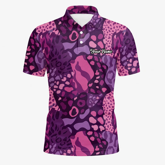 Personalisiertes Golf Poloshirt Lila Rosa Leo Camo Design für Herren I6540