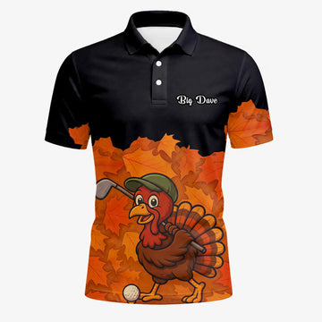 Personalisiertes Golf Poloshirt Schwarz Orange Thanksgiving Truthahn Golfer Design für Herren W0964