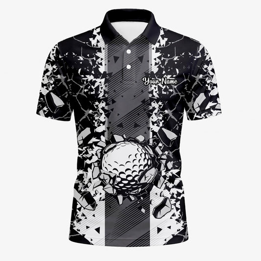 Personalisiertes Golf Poloshirt Schwarz Weißes Golfball Glassplitter Design für Herren F6407