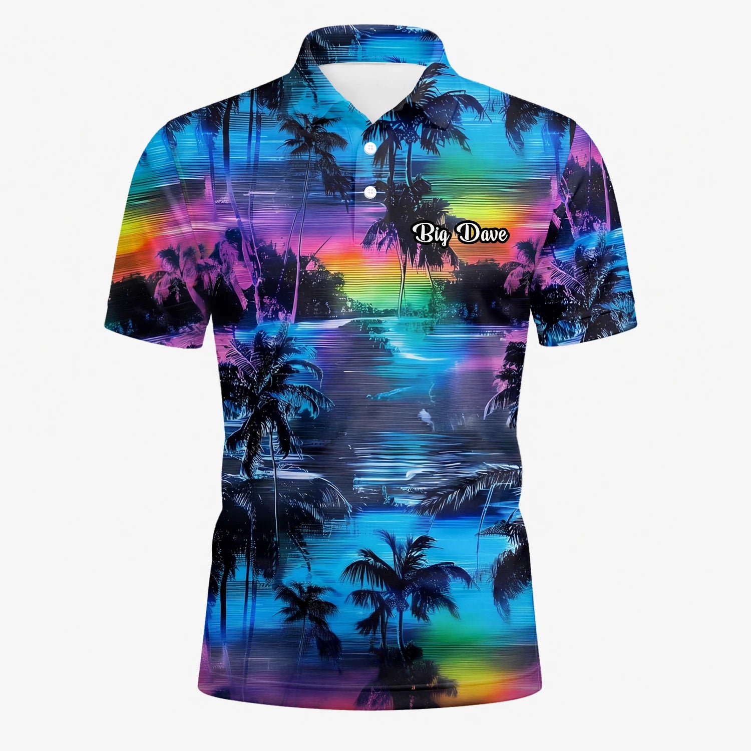 Personalisiertes Golf Poloshirt Blau Lila Palmen Sonnenuntergang Design für Herren K8435