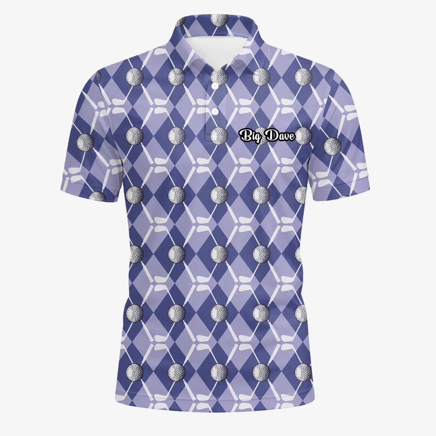 Personalisiertes Golf Poloshirt Blaues Rauten Golfball Golfschläger Design für Herren F3847