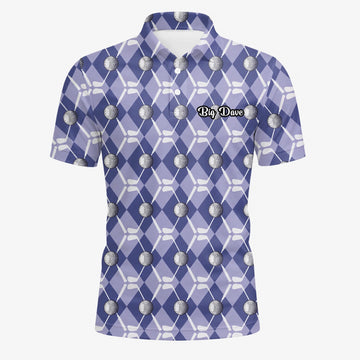 Personalisiertes Golf Poloshirt Blaues Rauten Golfball Golfschläger Design für Herren F3847