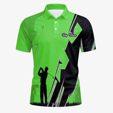 Personalisiertes Golf Poloshirt Limettengrünes Golfer Silhouetten Blitz Design für Herren V5316