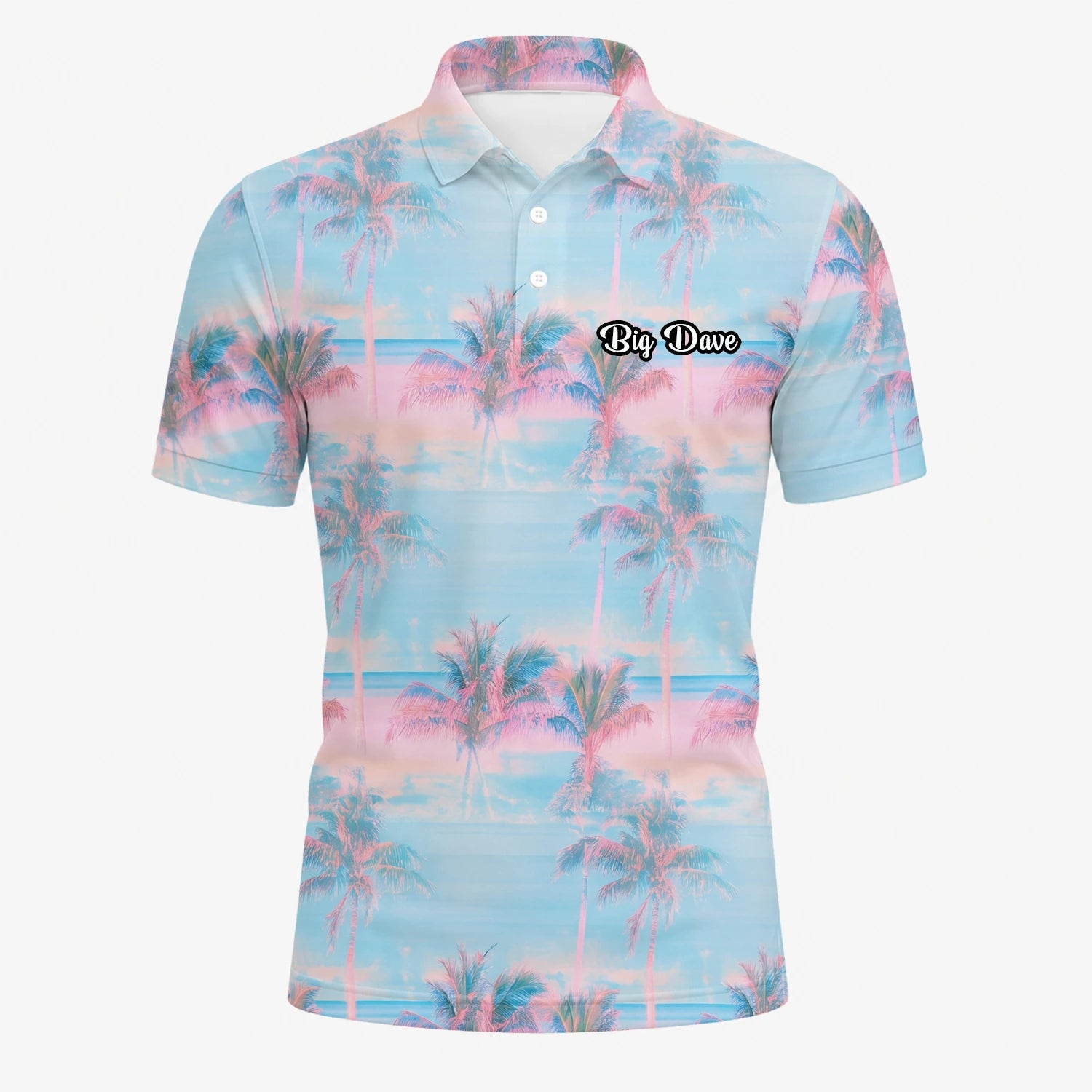 Personalisiertes Golf Poloshirt Pastellblau Rosa Palmen Sonnenuntergang Design für Herren G4431