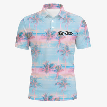 Personalisiertes Golf Poloshirt Pastellblau Rosa Palmen Sonnenuntergang Design für Herren G4431