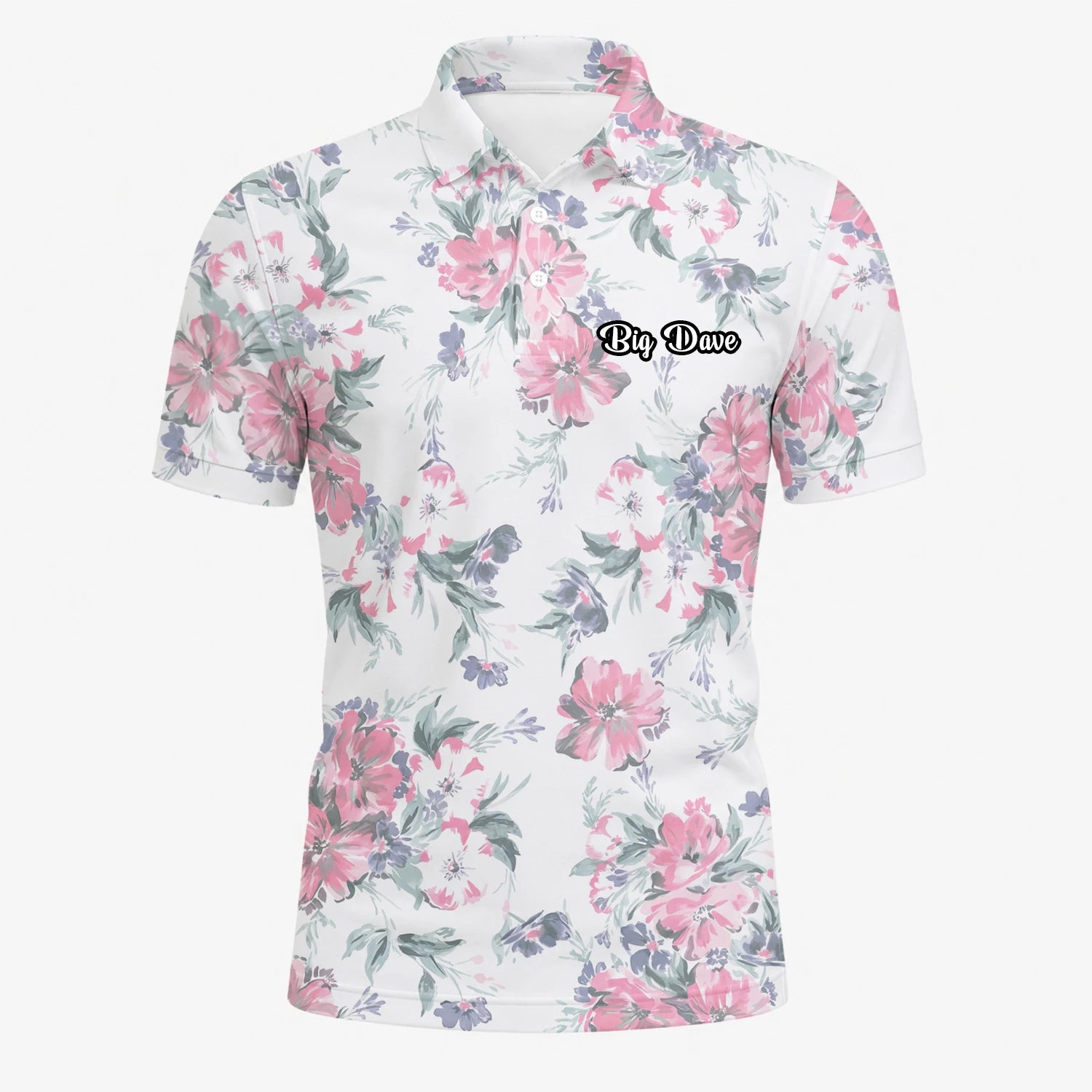 Personalisiertes Golf Poloshirt Weiß Rosa Blumen Blätter Design für Herren H5152