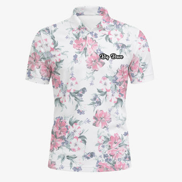 Personalisiertes Golf Poloshirt Weiß Rosa Blumen Blätter Design für Herren H5152