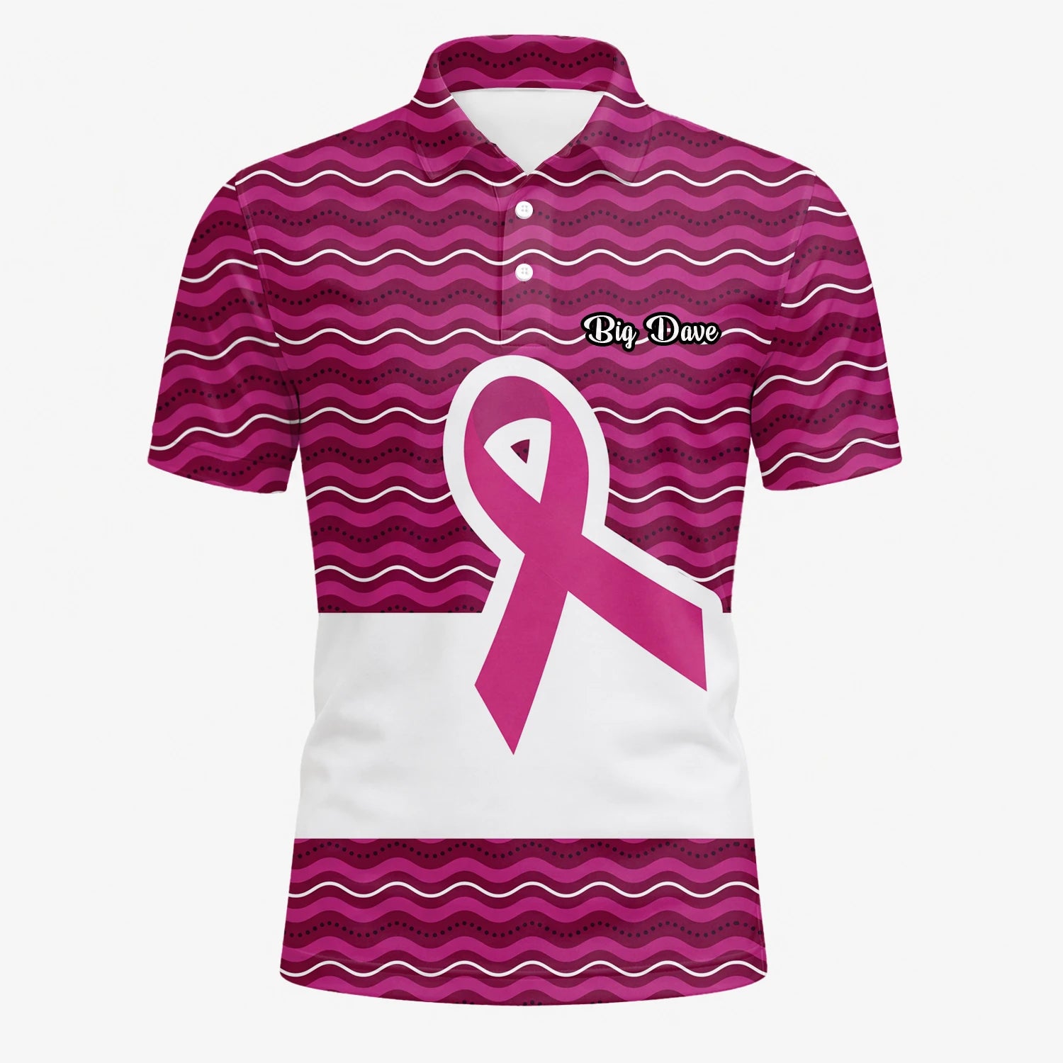 Personalisiertes Golf Poloshirt Rosa Brustkrebs Awareness Schleifen Wellen Design für Herren B1640
