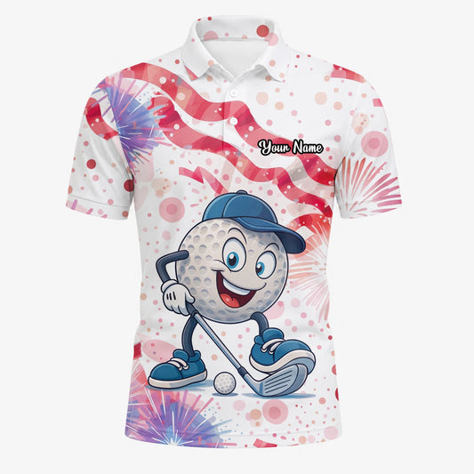 Personalisiertes Golf Poloshirt Weiß Rosa Golfball Cartoon Feuerwerk Design für Herren C2083