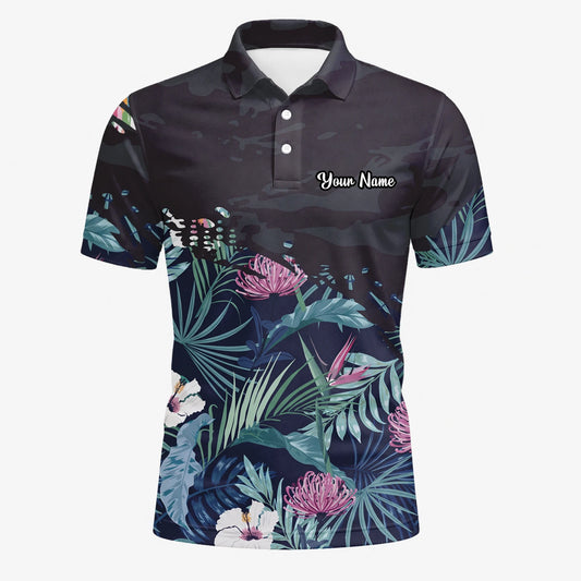 Personalisiertes Golf Poloshirt Marineblaues Tropisches Blumen Blätter Design für Herren N4110