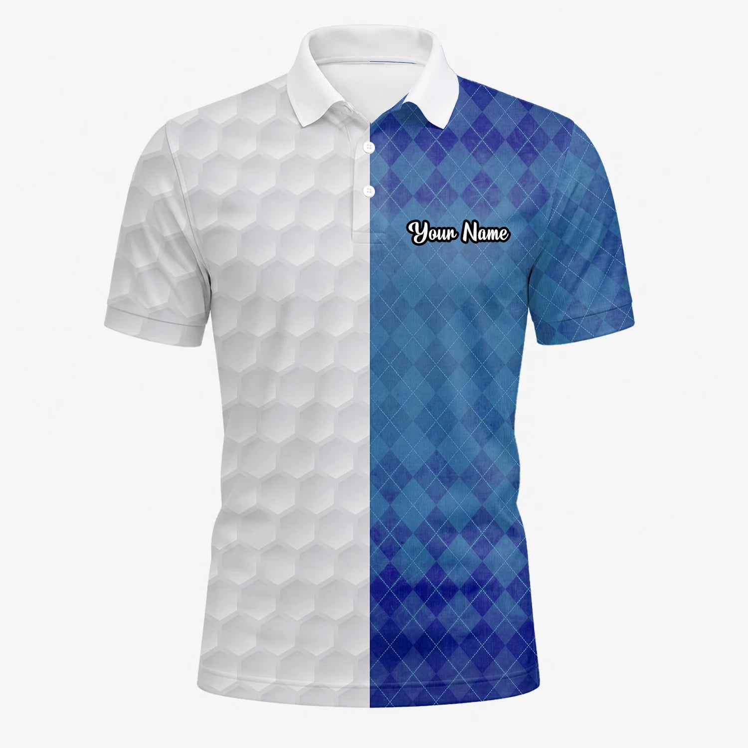 Personalisiertes Golf Poloshirt in Weiß-Blau mit Rautenmuster und Golfball-Textur für Herren M9214