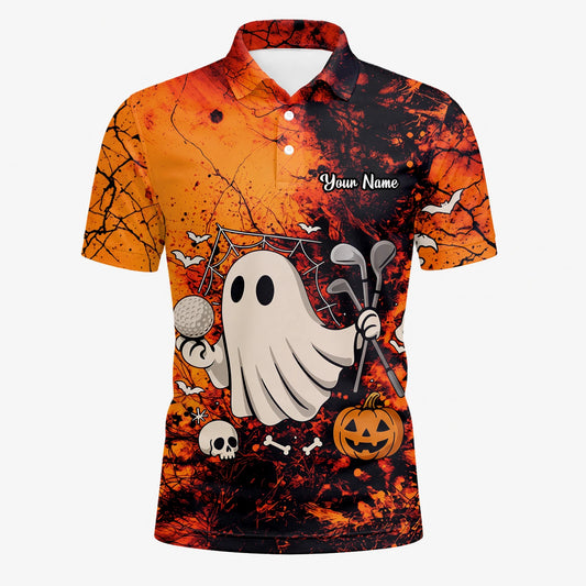 Personalisiertes Golf Poloshirt Orange Halloween Gespenst Golfer Design für Herren M0695