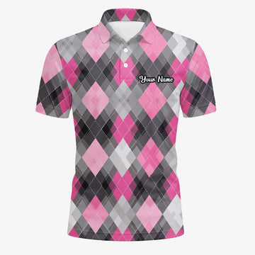 Personalisiertes Golf Poloshirt Rosa Graues Rauten Muster für Herren Z9376