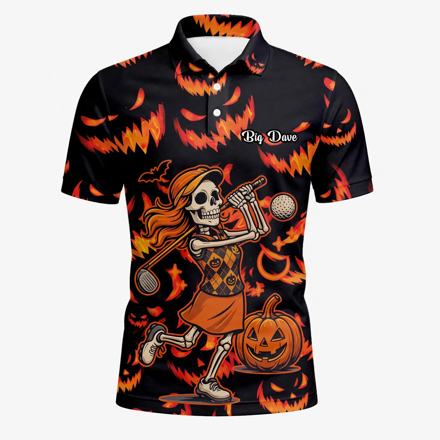 Personalisiertes Golf Poloshirt Schwarz Oranges Halloween Skelett Golfer Kürbis Design für Herren N7108