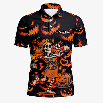 Personalisiertes Golf Poloshirt Schwarz Oranges Halloween Skelett Golfer Kürbis Design für Herren N7108